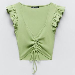 ‼️ Zara green ruffle crop top with adjustable tie ‼️